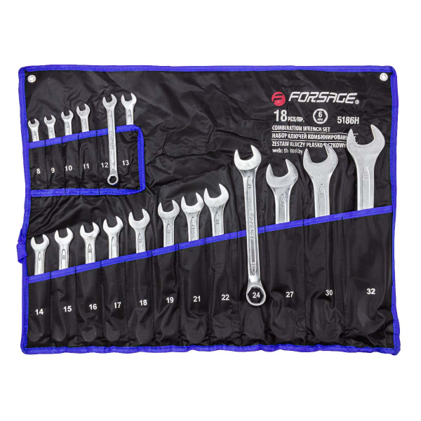 Набор ключей комбинированных 6гр., 18пр. (8-19, 21, 22, 24, 27, 30, 32мм), на полотне