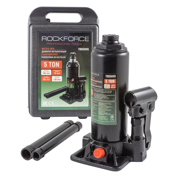 Домкрат бутылочный 5т с клапаном (h min-195мм, h max-395мм), в кейсе