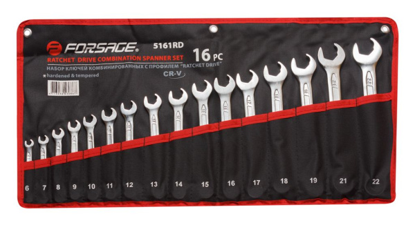 Набор ключей комбинированных с профилем ''Ratchet Drive''-''быстрый ключ'', 16пр. (6-19, 21, 22мм), на полотне