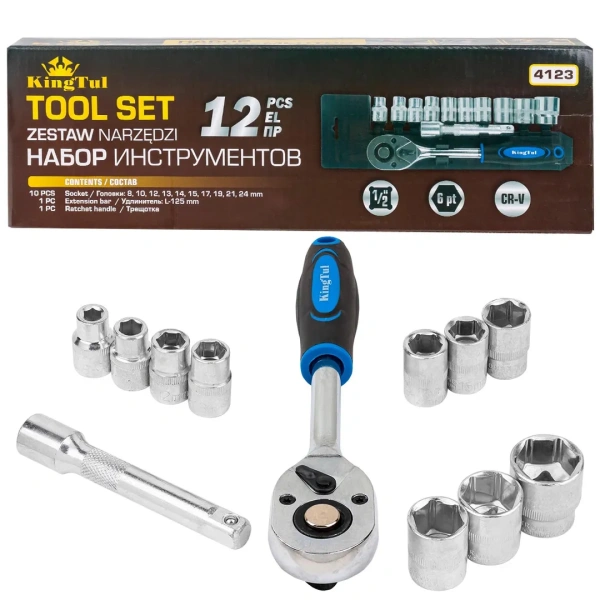 Набор головок с трещоткой и удлинителем 12пр.1/2''(6гр)(8,10,12-15,17,19,21,24мм),в пласт. Держателе