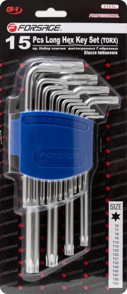 Набор ключей Г-образных TORX длинных, 15пр.(Т6, Т7, Т8, Т9, Т10, Т15, Т20, Т25, Т27, T30, T40, T45, T50, T55, T60)в пластиковом держателе