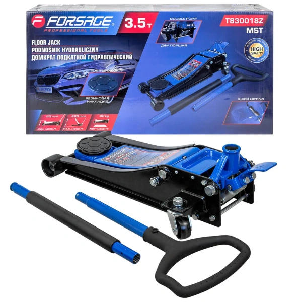 Домкрат подкатной гидравлический низкопрофильный двухпоршневой с резиновой накладкой 3,5т (h min 80мм, h max 495мм)