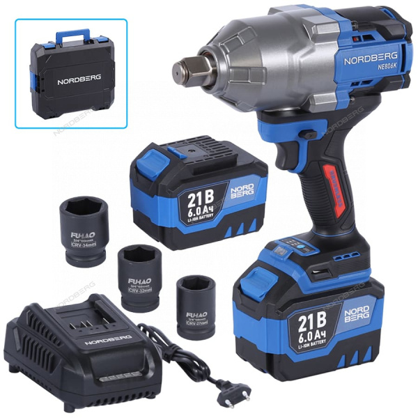 Гайковерт аккумуляторный NORDBERG NE806K-3/4 (3/4", 21 В, 1500 Нм, 2 аккумулятора 6 A и зарядное устройство, в кейсе)