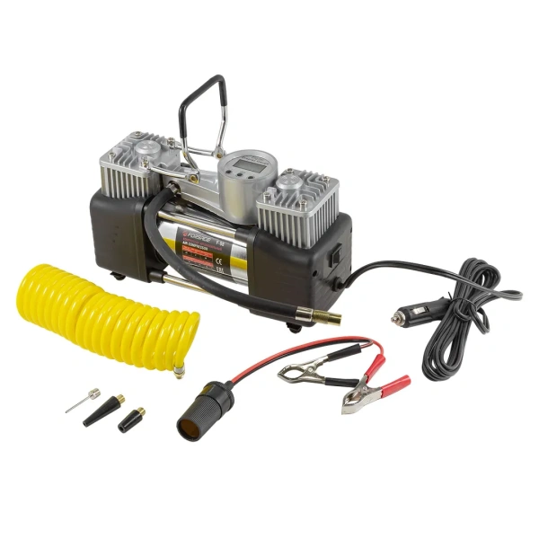 Компрессор поршневой автомобильный двухцилиндровый в пластиковом кейсе с цифровым манометром F-98 ''FORSAGE''(65л/мин, 23А) 12V