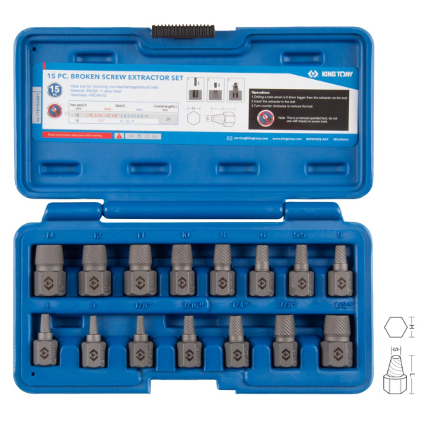 KING TONY Набор экстракторов, 3-14 мм, 15 предметов, кейс, 11015SQ01