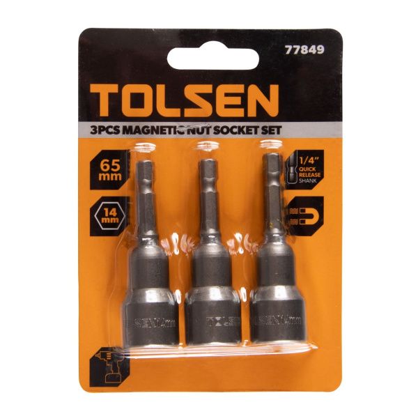 Набор головок для шуруповерта шестигранных 1/4", 14 мм, 65 мм, магнитных 3 предмета TOLSEN TT77849