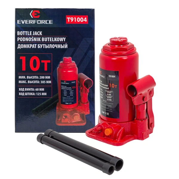 Домкрат бутылочный 10т с клапаном (h min 200мм, h max 385мм, ход штока-125мм, ход винта-60мм)