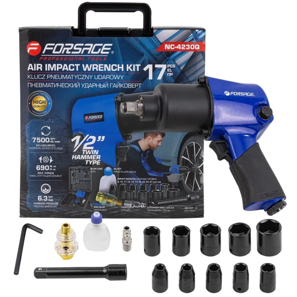 Пневмогайковерт ударный ''Twin Hammer''с реверсом и регулировкой усилия+набор головок 1/2''(9-27мм,690Hм, 7500 об/мин,6.3bar,вес 2.9кг)в кейсе