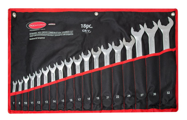 Набор ключей комбинированных с динамическим профилем, 18пр. (7, 8, 10-19, 21, 22, 24, 27, 30, 32мм), на полотне
