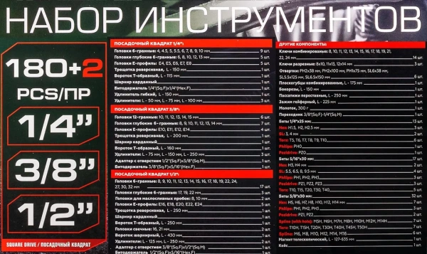 Набор инструментов 180+2пр. 1/4'', 3/8'', 1/2''(6гр.,12гр.)