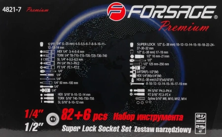 Набор инструментов 82+6пр. Premium 1/4''(12гр.) 1/2''(сорв.гр.)