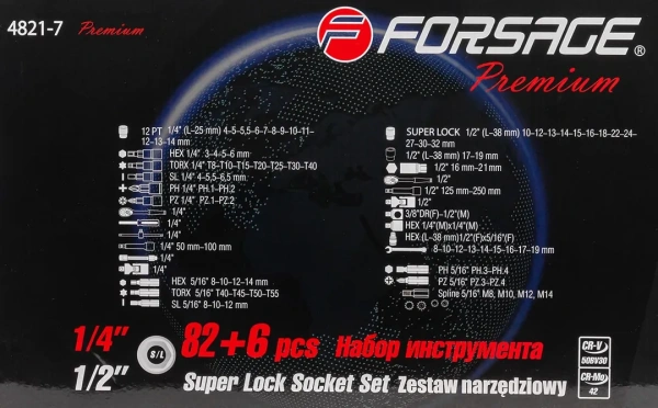 Набор инструментов 82+6пр. Premium 1/4''(12гр.) 1/2''(сорв.гр.)