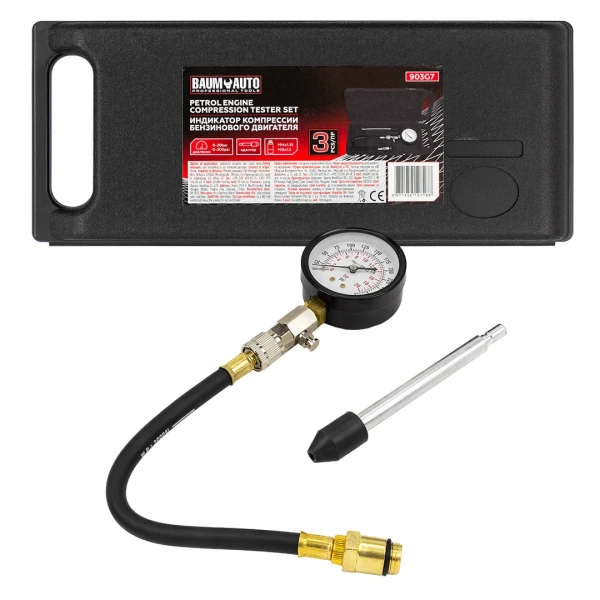 Индикатор компрессии бензинового двигателя Profi (0-21Bar, М14, М18 + жесткий прижимной адаптер-переходник) 3пр., в кейсе