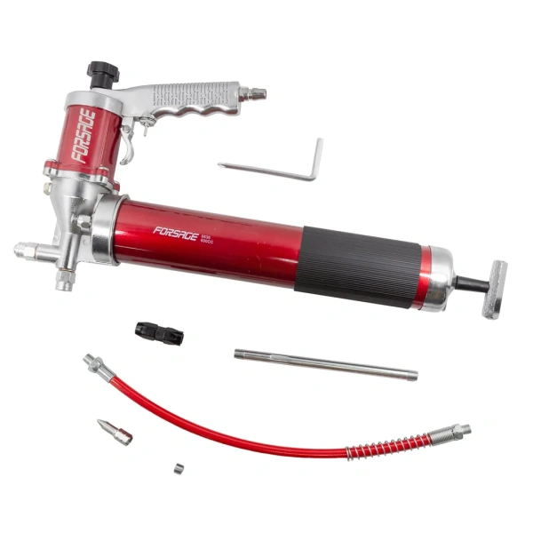 Шприц пневматический для нагнетания густой смазки 600мл в комплекте с жестким(L-200мм) и гибким(L-400мм) наконечниками (''под тубу'')