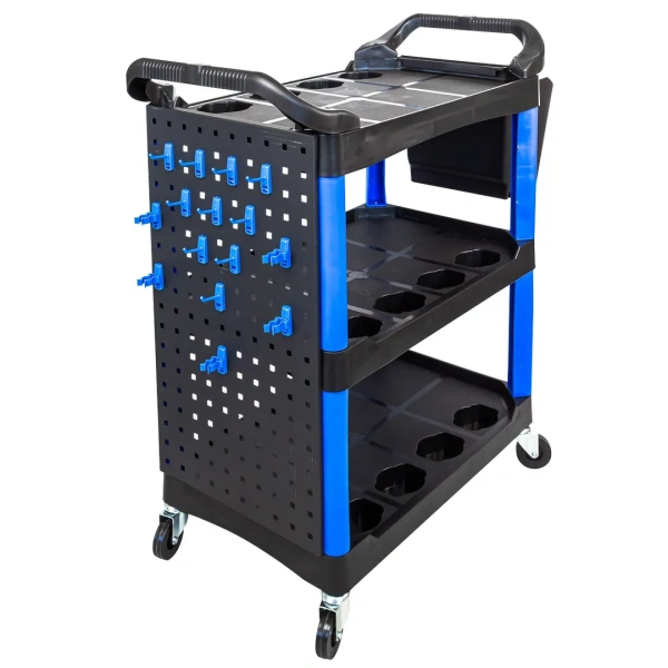 Тележка инструментальная пластиковая г/п 130кг (950х430х840мм, 3 полки, доп. ящик, сетка с крючками, вес 12.5кг)