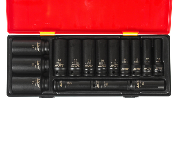 Набор головок торцевых 6-ти гранных ударных глубоких JTC K4151 (1/2", 10-32 мм, 15 предметов в кейсе)