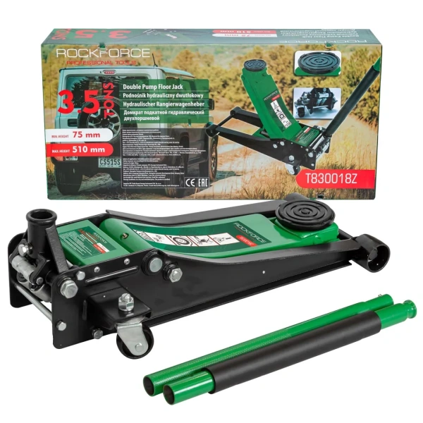 Домкрат подкатной гидравлический низкопрофильный двухпоршневой с резиновой накладкой 3,5т (h min 75мм, h max 510мм)