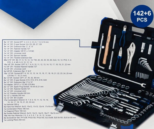 Набор инструментов 142+6 пр.1/4''3/8''1/2''(6-гр.)(4-32мм)
