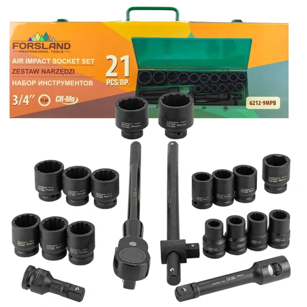 Набор инструментов ударных 21пр, 3/4''(12гр.)(17,19,21,22,24,27,30,32,34,35,36-6гр,36-12гр.,38,41,46,50мм), в метал. кейсе