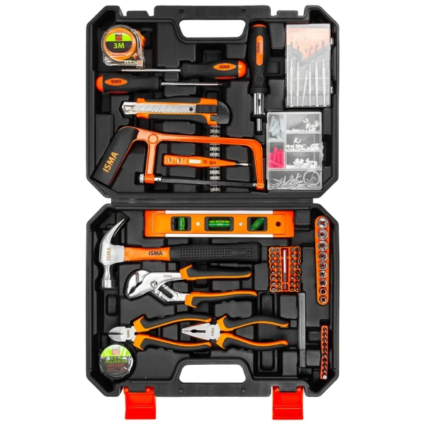 Набор инструментов 180пр. 1/4''(шарнирно-губцевый ,ножовка,уровень,биты ,головки,отвертки,рулетка,молоток,нож,изолента,расходник)в кейсе