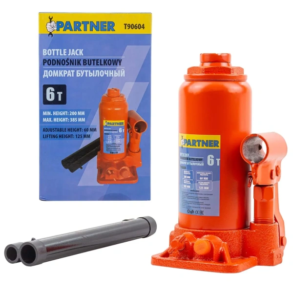 Домкрат бутылочный 6т с клапаном (h min 200мм, h max 385мм, ход штока-125мм, ход винта-60мм)
