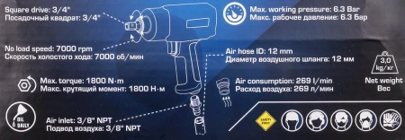 Пневмогайковерт ударный ''Twin Hammer''с реверсом и регулировкой усилия в облегченном корпусе 3/4''(1800Hм, 7000 об/мин,6.3bar,269л/мин,вес 3кг)