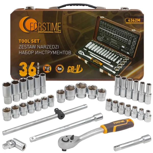 Набор инструментов 36пр. 1/2''(6гр.) (8-32мм, Cr-V), в металлическом кейсе