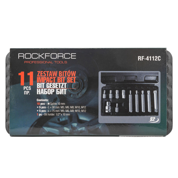 Набор бит SPLINE с битодержателем,11пр. 1/2''(L:30/75мм, M5,М6,М8,М10,M12)в пластиковом кейсе