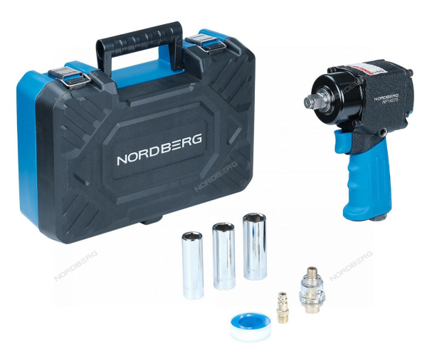Пневмогайковерт NORDBERG NP14075K ударный укороченный, с 3-мя головками в кейсе,1/2", 680 Нм