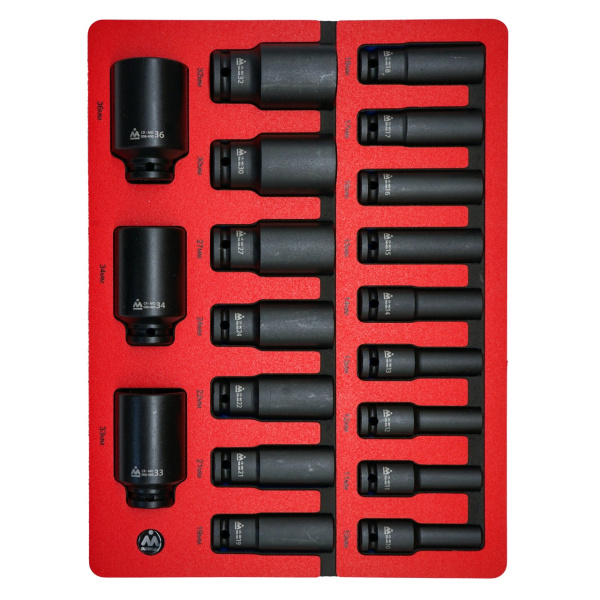 Набор ударных глубоких торцевых головок шестигранных МАСТАК 5-054022 (1/2", 10-36 мм, ложемент, 19 предметов)