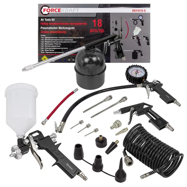 Набор пневмоинструмента 18пр.(краскопульт-сопло 1.5мм,обдувочник-сопла 110,140мм,подкачка+10 адаптеров и 1 шланг для подкачки,промывка,шланг 5м)