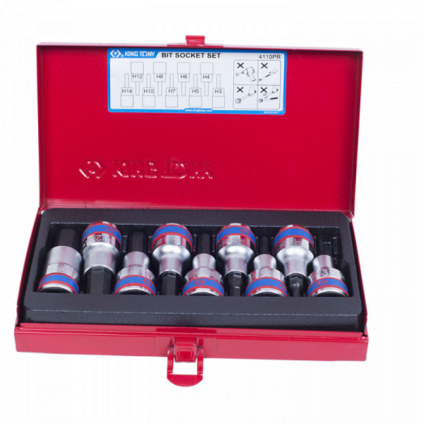 Набор торцевых насадок 1/2", HEX, 3-14 мм, L = 60 мм, 9 предметов KING TONY 4110PR