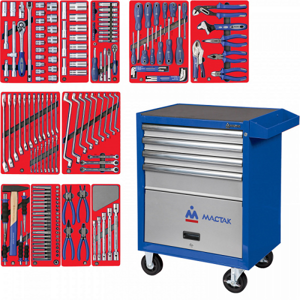 Тележка инструментальная с набором инструментов "МАСТЕР" 205 предметов МАСТАК 52-04205B