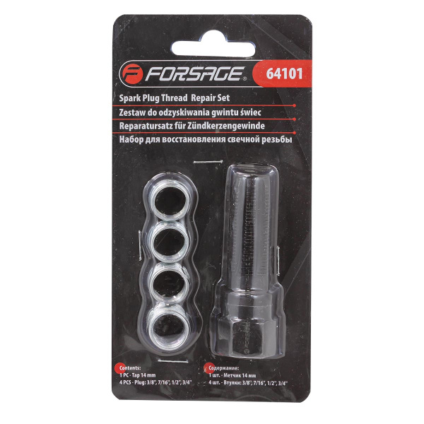 Набор для восстановления свечной резьбы 5пр. (метчик 14мм, втулки: 3/8'', 7/16'', 1/2'', 3/4''), в блистере