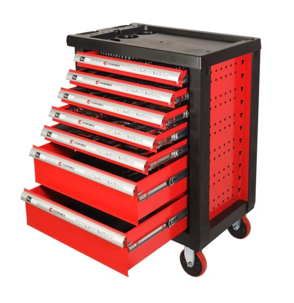 Тележка инструментальная 7-и полочная(красная) с набором инструментов 335(333) пластиковой защитой корпуса + 2 боковых перфорации970х770х460мм