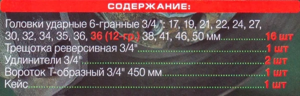 Набор инструментов ударных 3/4'', 6гр, 21пр(17,19,21,22,24,27,30,32,34,35,36,36-12гр,38,41,46,50мм), в металл.кейсе