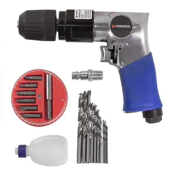 Пневмодрель с реверсом, набором бит и сверл 20пр(патрон:1-10мм,2200об/мин,6.3Bar,штуцер 1/4'')