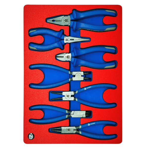 Набор съемников стопорных колец, пассатижей и бокорезов МАСТАК 5-3307 (ложемент, 7 предметов)