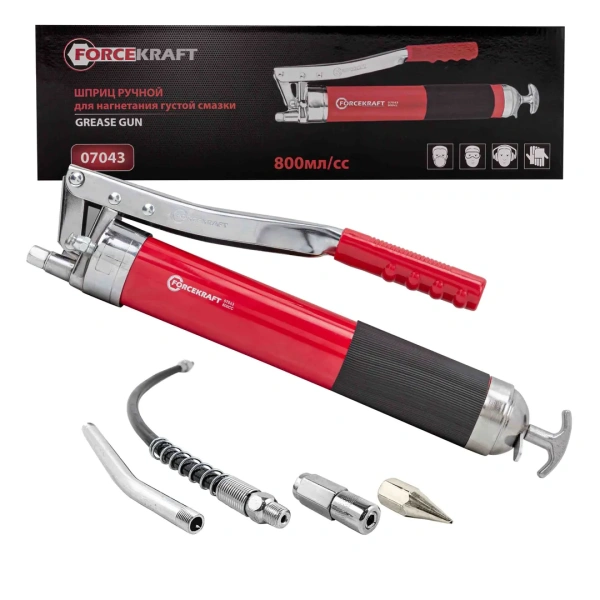 Шприц для нагнетания густой смазки ручной 800мл в комплекте с жестким(L-140мм) и гибким(L-400мм) наконечниками (2 штока,''под закладку'')