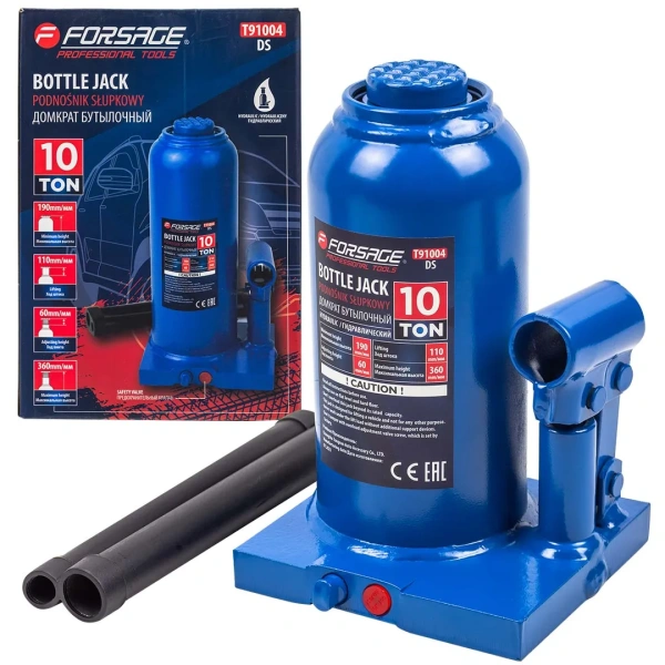 Домкрат гидравлический бутылочный, 10т (с предохранительным клапаном, минимальная высота: 190 мм, ход штока: 110 мм, ход винта: 60 мм, максимальная вы