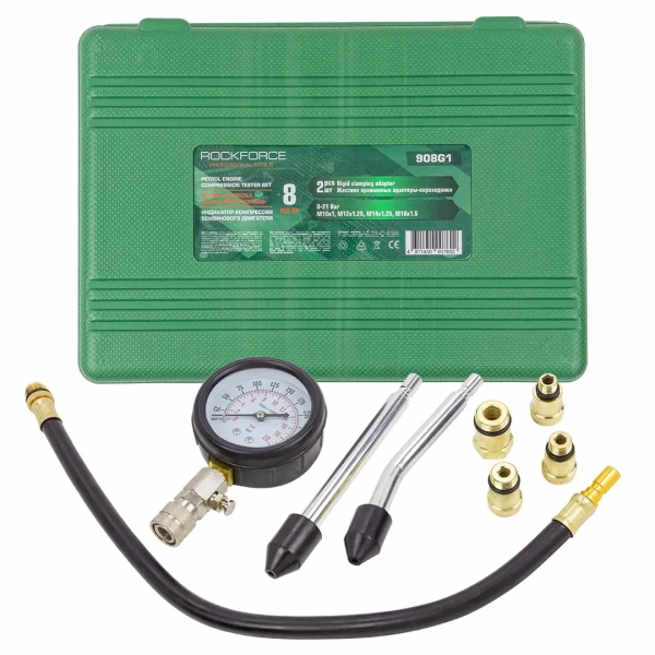 Индикатор компрессии бензинового двигателя Profi 8пр.(0-21Bar, М10, М12, М14, М18 + 2 жестких прижимных адаптера-переходника) 3пр., в кейсе