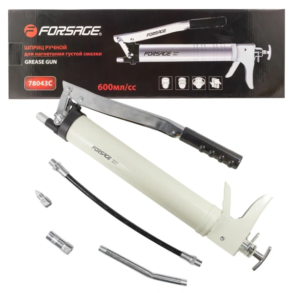 Шприц для нагнетания густой смазки ручной 600мл в комплекте с жестким(L-170мм) и гибким(L-330мм) наконечниками(привод:рычажный/пистолетного типа,1шток