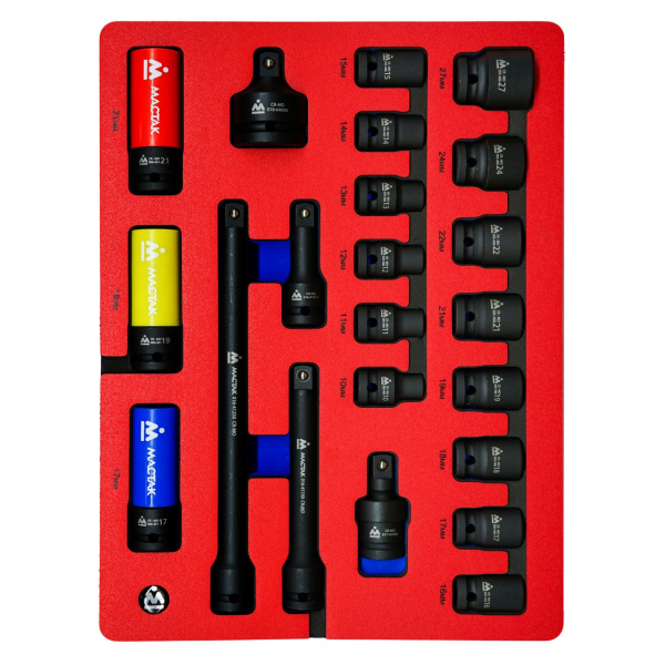 Набор ударных торцевых головок шестигранных МАСТАК 5-054022 (1/2", 10-27 мм, ложемент, 22 предмета)