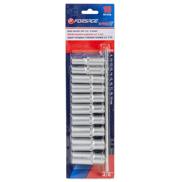 Набор головок глубоких 10пр. 3/8''(6гр.)(8,10,12-19мм.) на планке