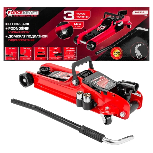 Домкрат подкатной гидравлический 3т с поворотной рукояткой 360град. (h min 80мм, h max 380мм)