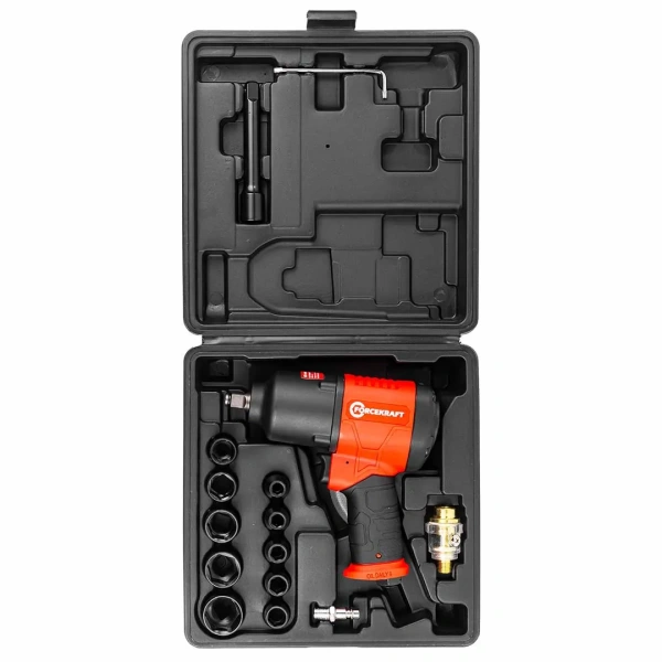 Пневмогайковерт ударный''Twin Hammer''срегулировкой1/2''+набор головок(9-11,13,14,17,19,22,24,27мм,720Hм,7500об/мин,6.3bar,236л/мин+лубр.-р+ штуцер)