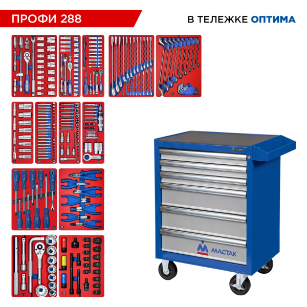 Набор инструментов ПРОФИ 288 в тележке МАСТАК 52-06288 (288 предметов)