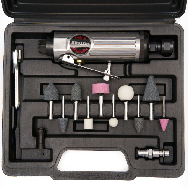 Пневмодрель ROSSVIK RT-1206K (с набором насадок, 22000 об/мин, цанговый патрон)