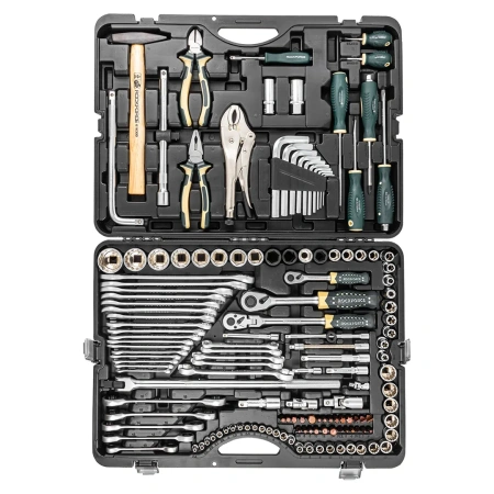 Набор инструментов 142+6пр. 1/4''3/8''1/2''(6-гран.)(4-36мм, 27,30,32,36-12гр.)+(ключи трещоточные:8х10,12х13,14х15,16х17,18х19мм, бокорезы-7'')