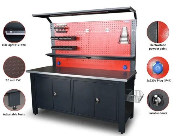 Верстак металический 730х2000х2000мм(столешница 690х2000мм, перфорация 1080х2000мм, боковые перфорации 500х600мм, ящики навесные 2-х створчатые-2шт,)